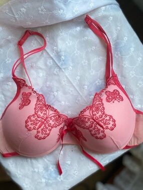 Jacob Pink Bra with Red Butterfly Embroidery